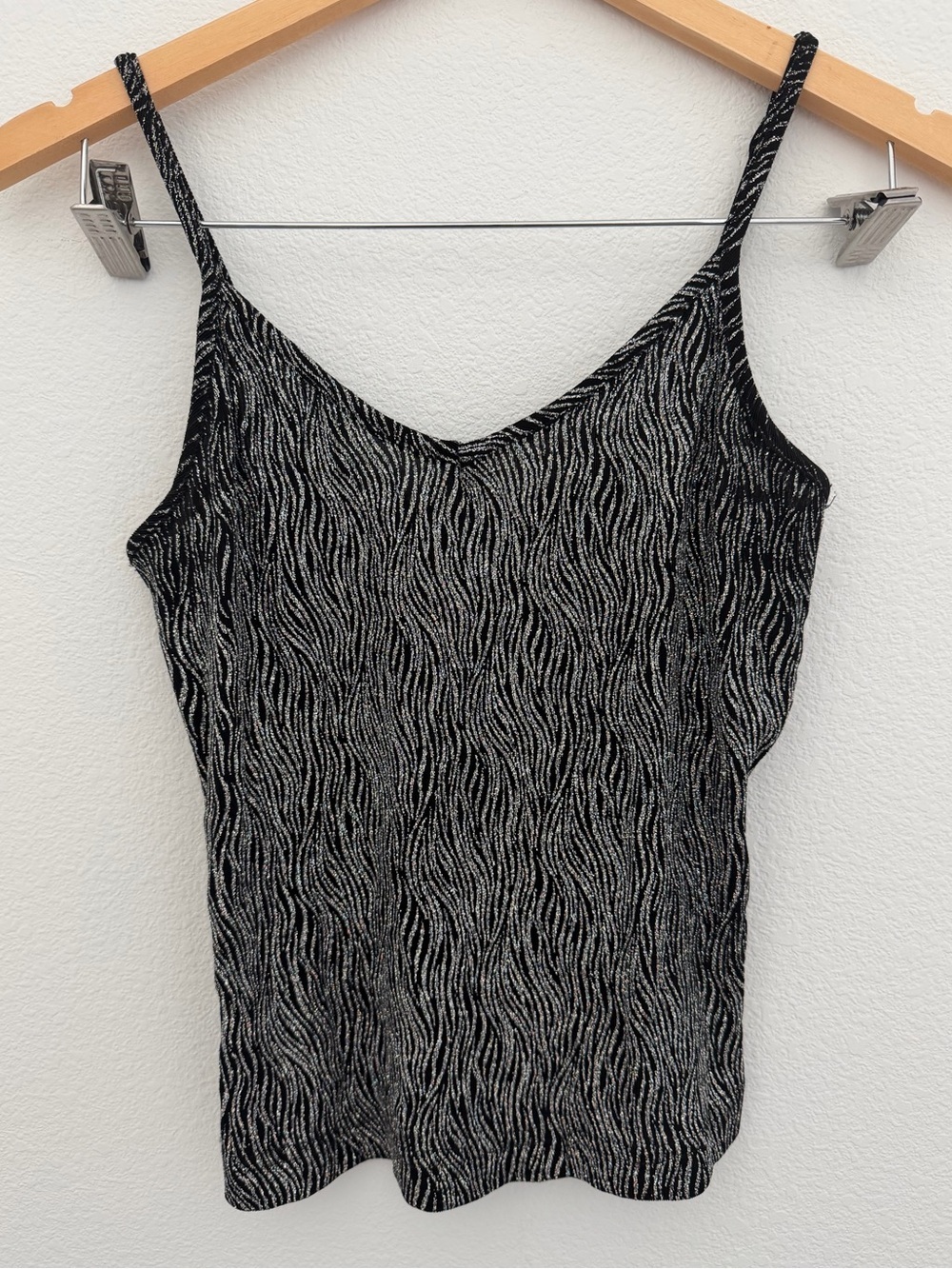 Y2K Glitter Tank Top Cami Eye Candy Black Sparkle Club Top Size M Zebra Print